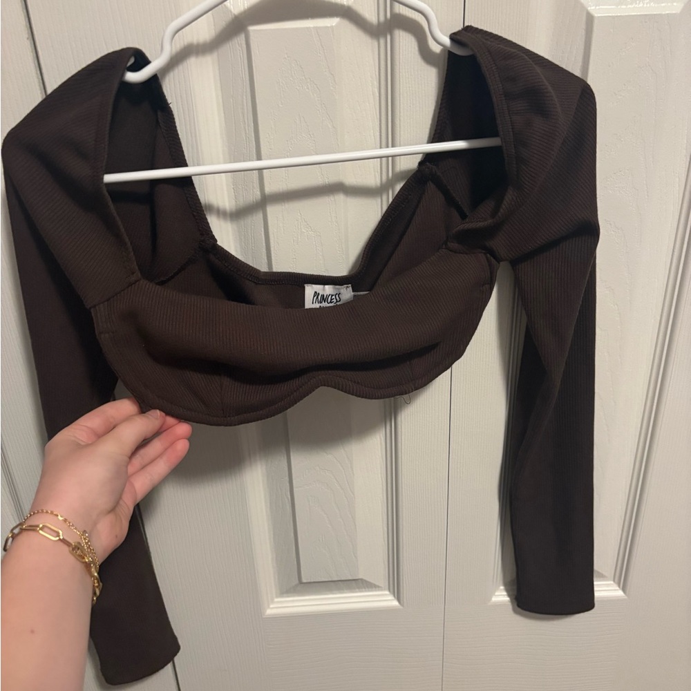 Dark Brown Long Sleeve Crop Top Princess Polly